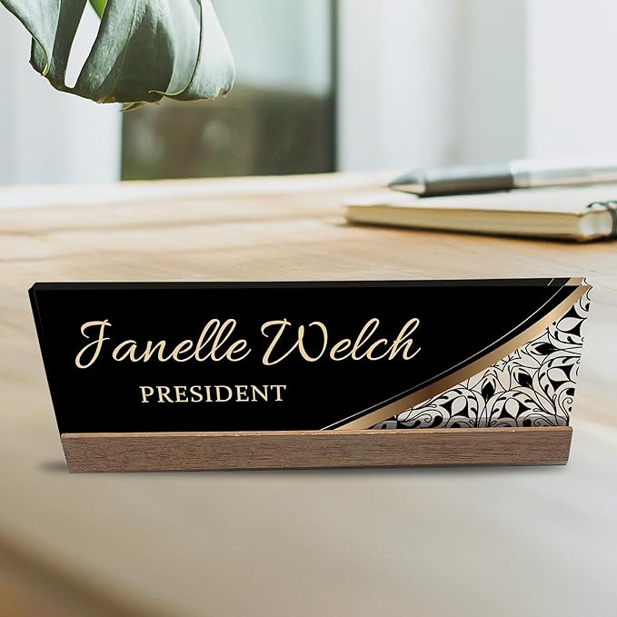 Artblox Personalized Office Desk Name Plate and Business Card Holder | Clear Acrylic Glass with Teak Wood Stand | Profesional Design Customized with Your Name and Credentials Office Desk Decor
