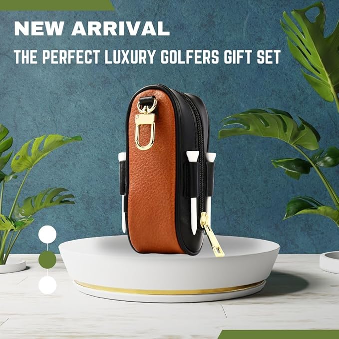 Christmas Golf Gift for Men and Women - Luxury Golf Accessories Set, Vegan Leather Case, 12 Golf Balls, Tees, Divot Tool Knife & Bag with Hook - Perfect Stocking Stuffer