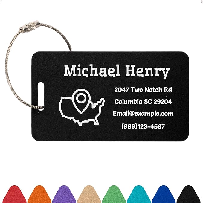 Personalized Luggage Tags for Suitcases Custom Metal Name Tags for Backpacks Bags Travel - Horizontal (Black)