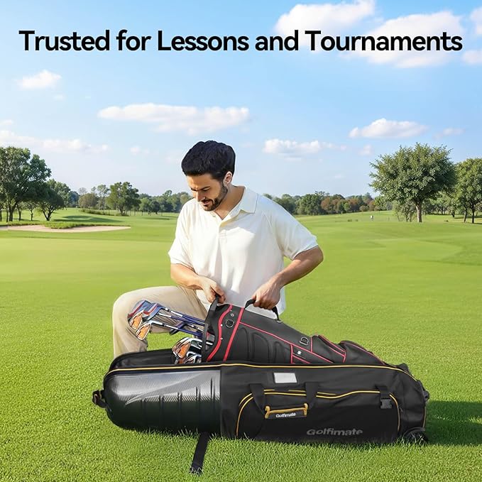 Golf Travel Bag for Airlines with Carbon Fiber Look Hard Top, Protective Club Traveling Cover with Wheel, Golf Club Carrier Case for Airplanes, Thick Padding, Durable Zippers, 2 Spacious Side Pockets