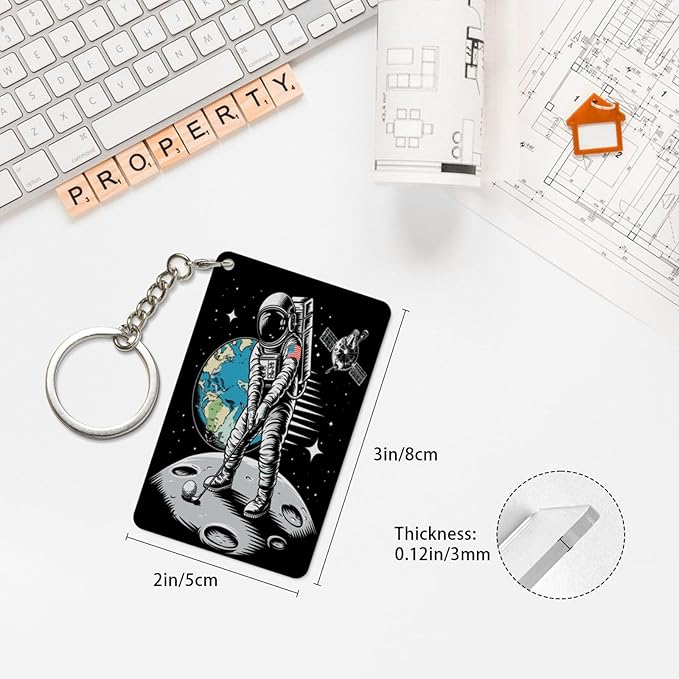 Astronaut Playing Golf Keychains Rectangular Acrylic Keychain Daily Key Ring Car Key Fob Holder 2X3 Inch