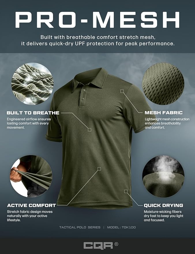 CQR Men's Polo Shirts, Tactical Short Sleeve Golf Performance Shirts, Lightweight Dry Fit UPF 50+ Pique
