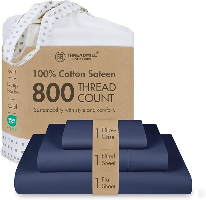 Threadmill Luxury 800 Thread Count Twin 100% Cotton Sheets - Folkstone Blue Sateen Weave Bed-Sheets, Better Than Egyptian Cotton,3 Pc Solid Soft Bedding Set, Fits 15" Deep Pocket