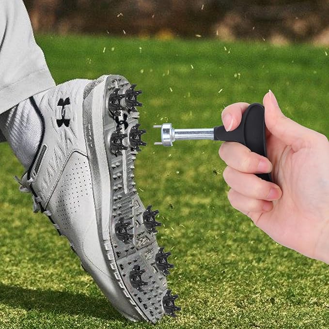 Sibba Universal Golf Shoe Spike Wrench Tool Compact Zinc Alloy Cleat Removal Tool with 4 Replacement Golfs Spikes Durable Two-Pin Design for Easy Golf Shoe Spike Repair & Replacement (Black)