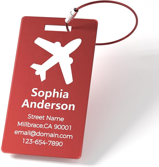 Personalized Metal Luggage Tags, Custom Suitcase Aluminum Name Tags with 5.9in Steel Ring, Laser Engraved Text and Logo, for Travel Gift, Baggage, Golf Bag (Red)