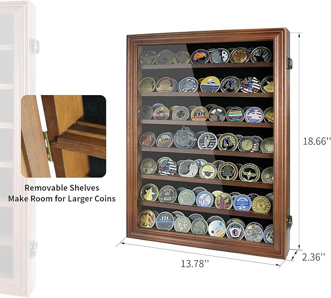 7 Rows Challenge Coin Display Case - Holds 100 Coins, Solid Wood Military Coin Holder Cabinet with HD Tempered Glass, Wall-Mountable Shadow Box for Collectibles, Medals, Casino Chips, Walnut