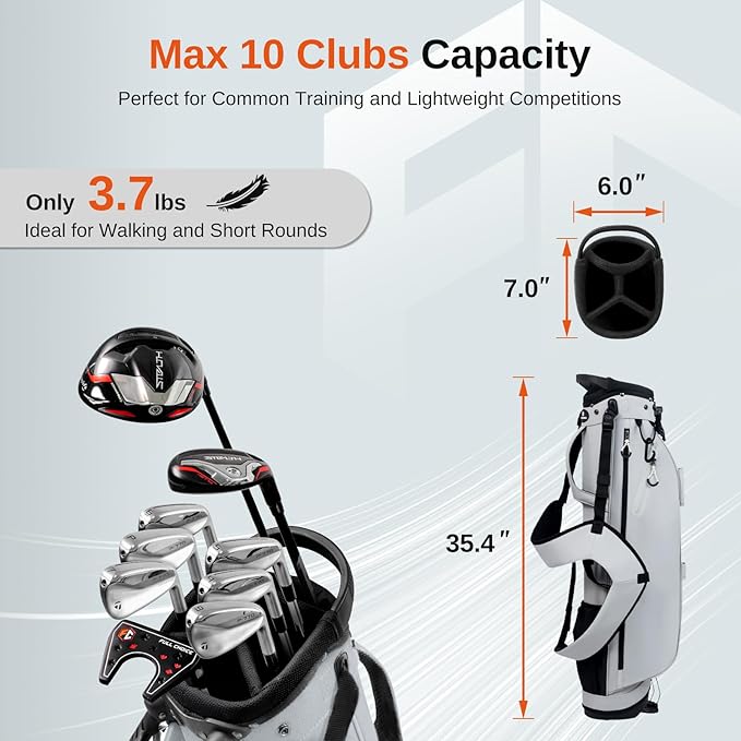 Lightweight Golf Stand Bag, 4-Way Full-Length Dividers, Holds Up to 10 Clubs, 3.7 lbs Golf Bag with Dual Straps & Stand for Driving Range, Par 3, and Standard Courses