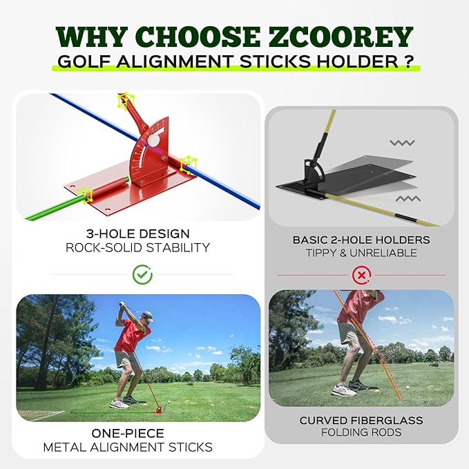 Golf Alignment Stick Holder - Metal Golf Alignment Sticks, Three-Hole Holder, Golf Swing Trainer with Training Manual, Golf Training Aid for Swing Plane & Swing Path