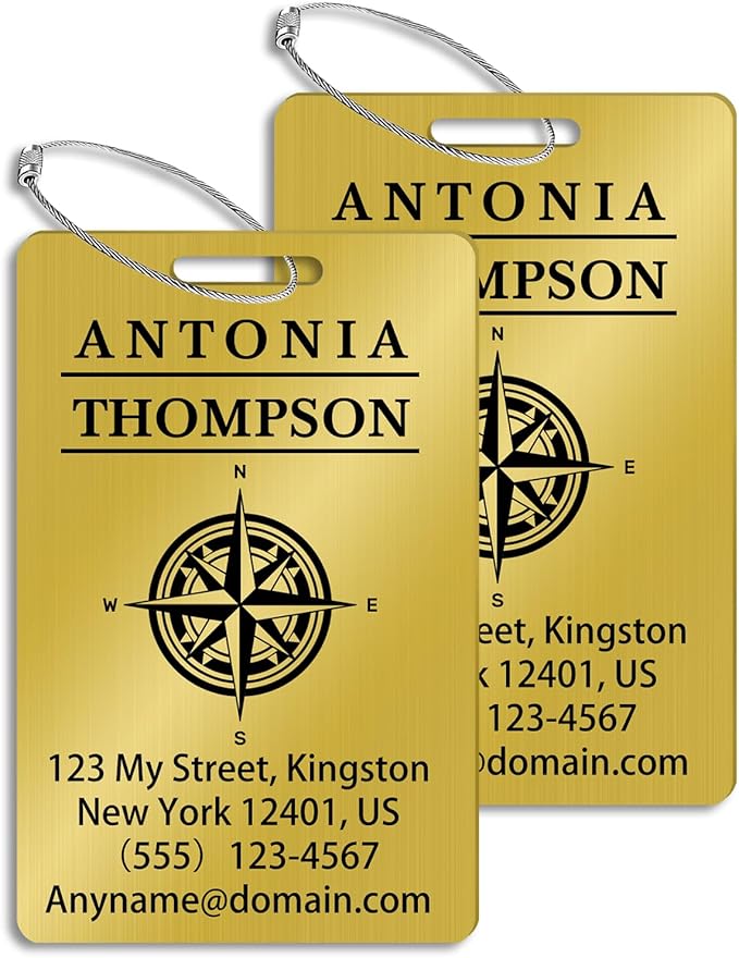 Custom Stainless Steel Luggage Tags (2 Pack) - Personalized Laser Engraved Luggage Tag, Waterproof Durable, for Bags, Backpack Travel, Suitcases (Gold)