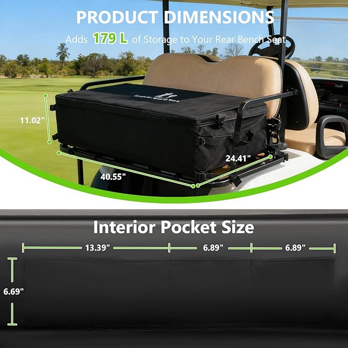 Golf Cart Storage Bag, Golf Cart Accessories Compatible with Yamaha, Club Car, EZGO, Cargo Box with Strong Buckles & Adjustable Straps for 2+2 Passenger Golf Carts, No-Drill Design (Bag Only)