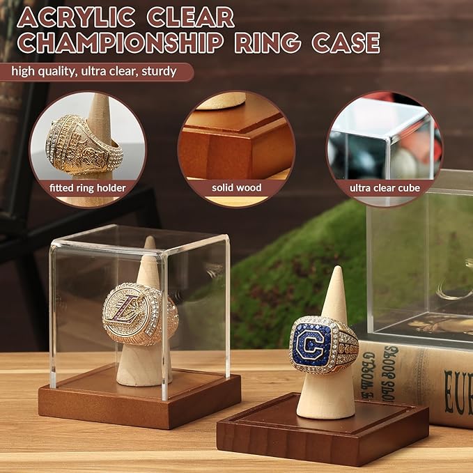 JupDec Championship Ring Display Case, Clear Acrylic Single Ring Holder with Wood Stand Base for Sports Basketball Baseball Fan Souvenirs Military, UV Protection
