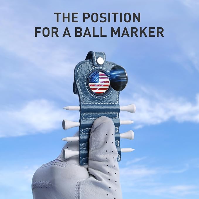 Golf Tee Holder with USA Ball Marker 4 Pcs White Wood Tees, Portable Hold Different Tee Leather Gift Hook Hanging Clip to Golf Bag Belt