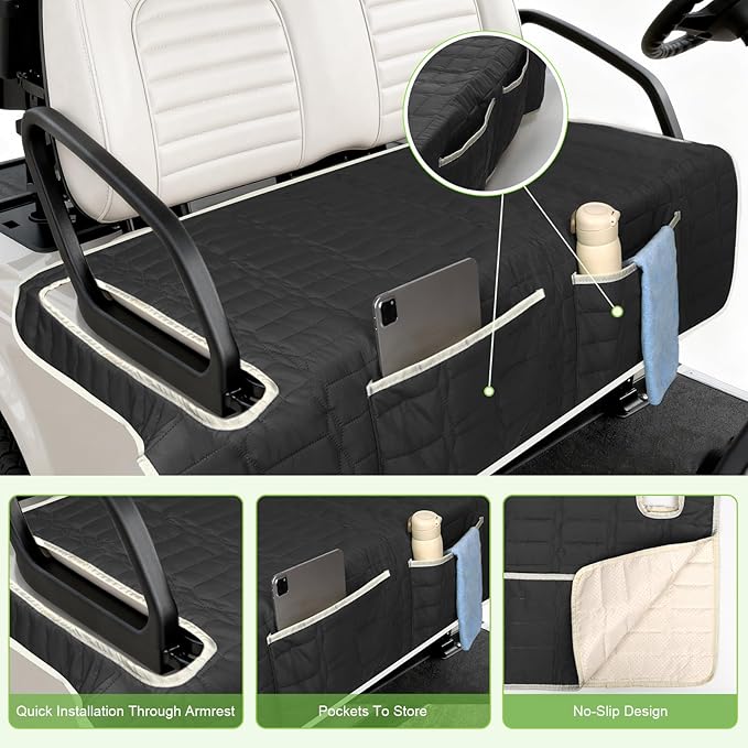 Golf Cart Seat Cover, Universal Bench Seat Cover with Storage Pockets, Non-Slip Seat Protector for Golf Cart, Fits EZGO Club Car Yamaha, Easy Install