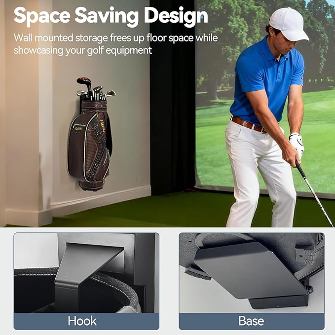 Adjustable Wall Mount Golf Bag Holder - 33.5" to 42.5" Tool-Free Length Adjustment, Heavy-Duty Alloy Steel Storage Rack for Garage, Home, and Golf Club Organization