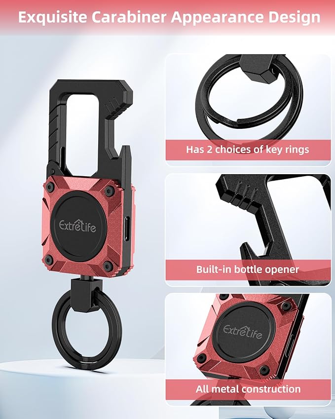 Keychain, Works with Apple Find My, Heavy Duty Key Chain Bottle Opener, Carabiner Car Key Chains with GPS Tracker, Key Finder, Bluetooth Tracker for Luggage, Kids, Bags and More, Rechargeable, Red