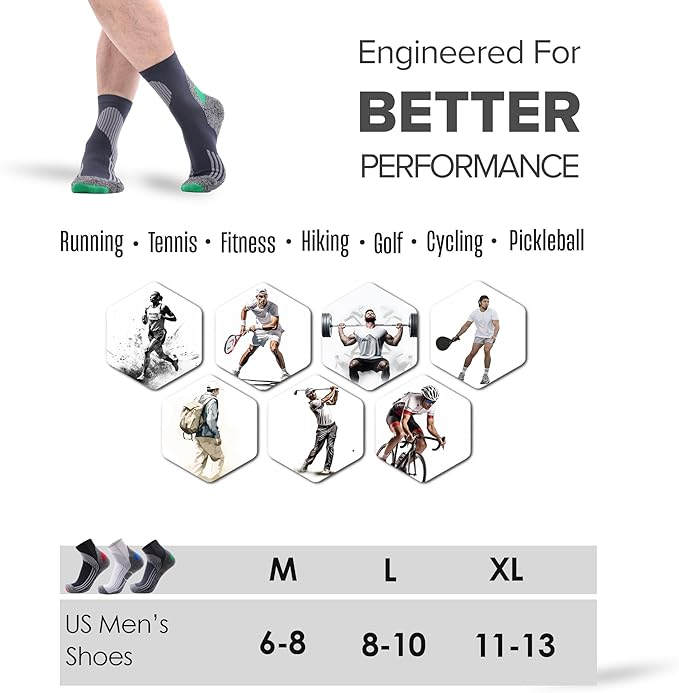 Tactia Full Cushion Compression Socks Men, Coolmax No-Blister Wicking Padded Heel, Quarter Socks for Tennis Golf Hiking Work