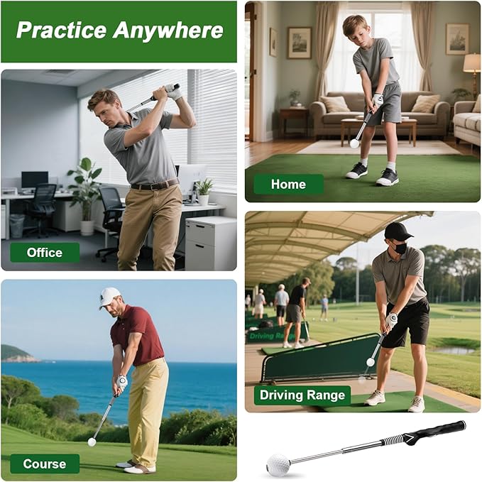 Retractable Golf Swing Trainer with Click Sound & Posture Correction Arm Band, Golf Grip Trainer for Right-Handed, Indoor & Outdoor Training Aid for Beginners to Pros