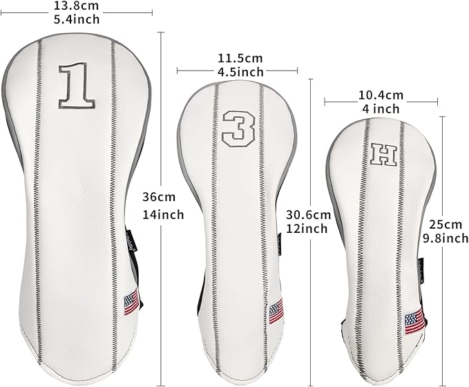 Golf Club Head Covers - Driver, Fairway #3#5, Hybrid Headgear - USA Flag Design - PU Leather - 3 Piece Set for Men and Women