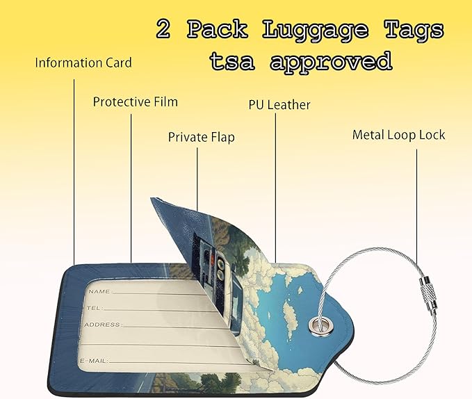 TSA Approved Luggage Tags for Suitcases Cartoon car 2 Pack Funny Leather Carnival Cruise Airport Cute Travel Name Tags Golf Bag tag Ships Essentials Privacy Cover ID Label for Women Men