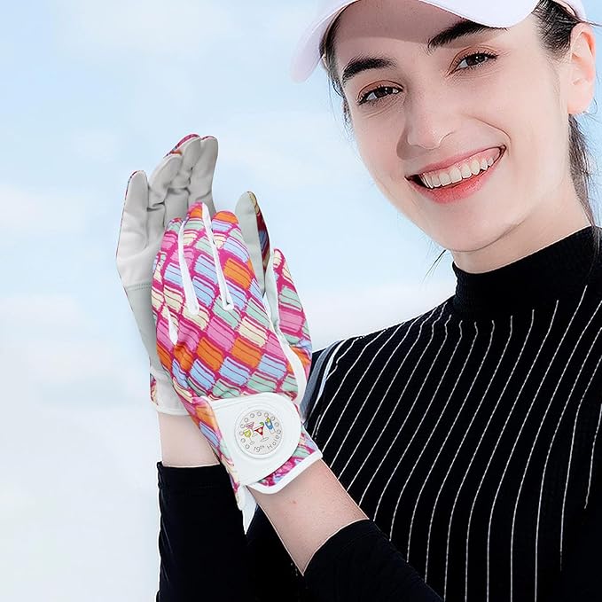Golf Gloves Women with Ball Marker 2 Pack, Right Handed Golfer Left Hand, Ladies Breathable Soft All Weather Grip Glove Fit Size Small Medium Large XL