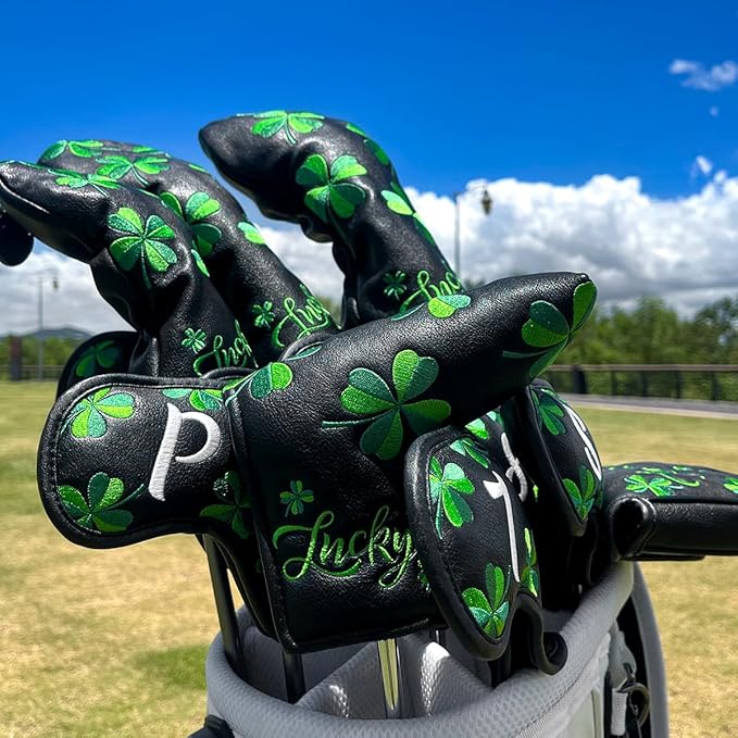 Live Lucky Golf Club Headcover Shamrock Golf Head Cover Elegant Embroidery Premium Leather Driver Covers Fairway Wood Covers Hybrid Headcovers Mallet Blade Putter Covers