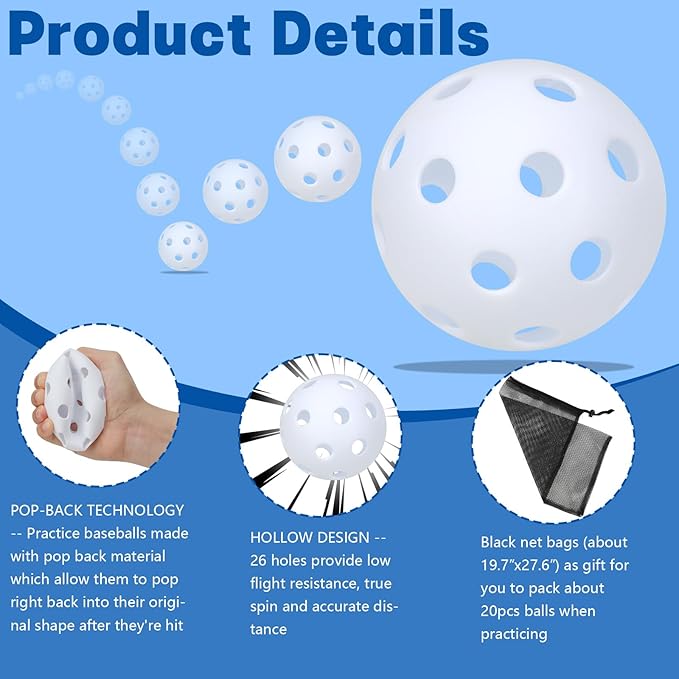 Coopay 12/50/100 Pack Baseball Practice Balls Plastic Training Balls Lightweight Hollow Softballs with a Drawstring Bag for Hitting, Baseball Training Indoor Outdoor Use