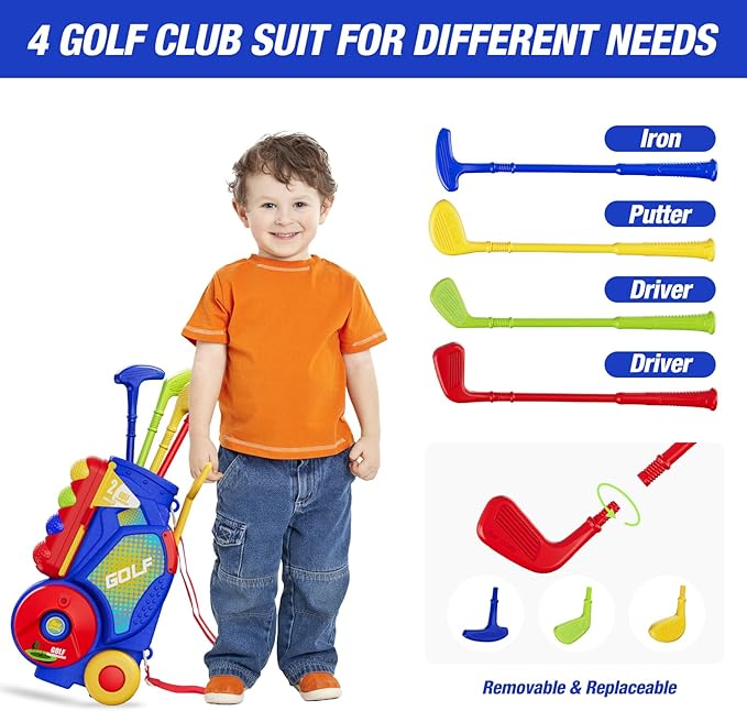 3 in 1 Toddler Golf Set with Putting Mat & Sticky/Golf Game, Kids Golf Club with 8 Balls, 4 Plastic Clubs, Scoreboard, Indoor Outdoor Sport Toys with Golf Cart Gift for Boys Girls Aged 2-5, Blue