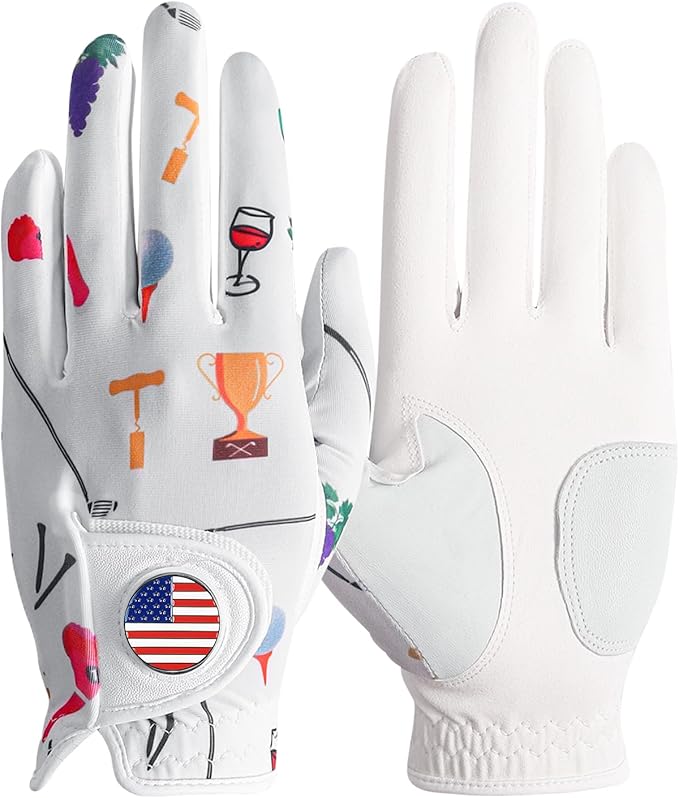 Amy Sport Womens Golf Glove with Ball Marker Rain Left Right Hand Leather Printed Pack, Ladies Golf Gloves All Weather Grip Breathable Soft Size Small Medium Large XL
