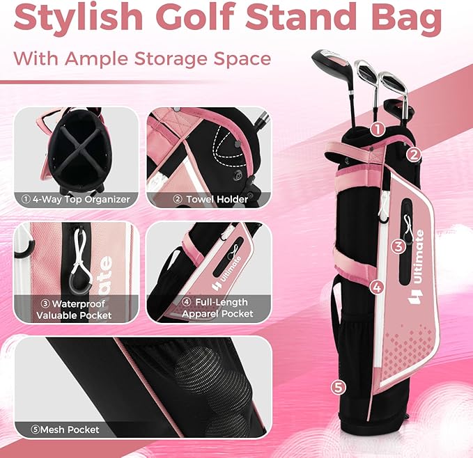 Goplus Junior Complete Golf Club Set for Kids, Right Hand Golf Clubs with Stand Bag, Rain Hood, Golf Practice Set for Ages 5-7,8-10,11-13 Boys Girls