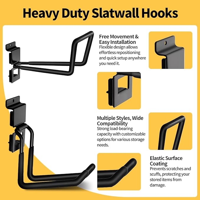 Slatwall Hooks 25 Pack, Heavy-Duty Metal Garage Slat Wall Hook Kit (10 Types), Rust-Resistant Storage Hooks for Tools, Ladders, Bikes & Garden Equipment, Fits Standard Slatwall Panels