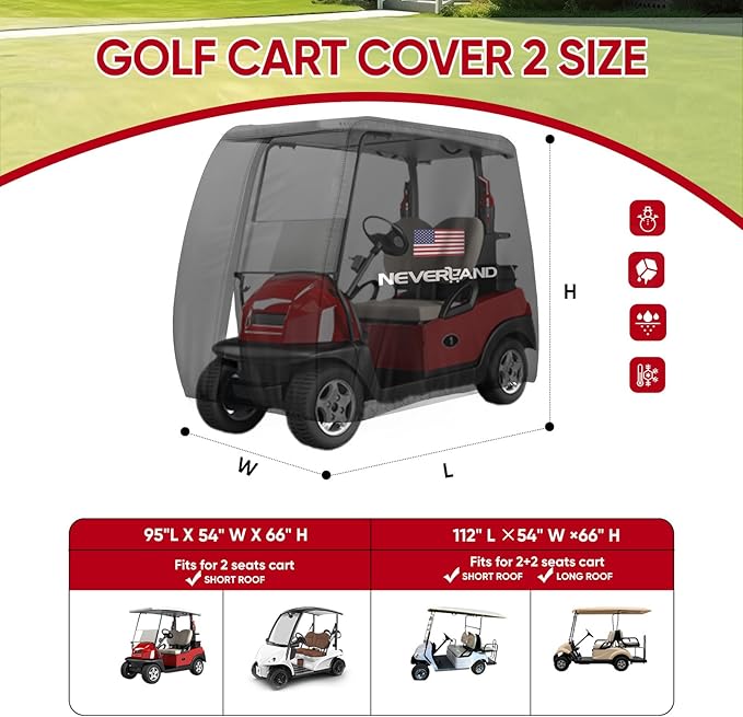 NEVERLAND Golf Cart Cover - Waterproof Golf Cart Covers - Fits for Yamaha Golf Carts EZ GO Club Car - Outdoor Windproof Sunproof (Black + Flag, Fit for 2+2/4 Passenger Cart)