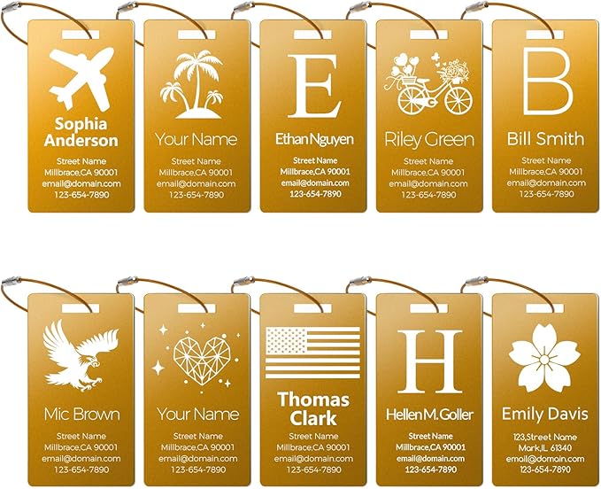 Personalized Metal Luggage Tags, Custom Suitcase Aluminum Name Tags with 5.9in Steel Ring, Laser Engraved Text and Logo, for Travel Gift, Baggage, Golf Bag (Golden)