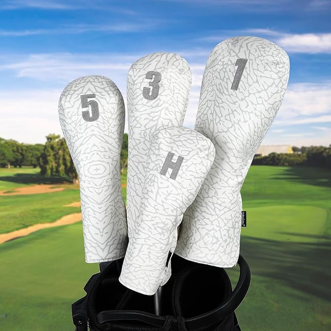 Golf Driver Head Covers 3-Pack for Men & Women - Premium PU Leather with Elephant Embroidery, Double Elastic Band (Driver/Fairway/Hybrid), Waterproof & Durable - White Grey or Black Grey