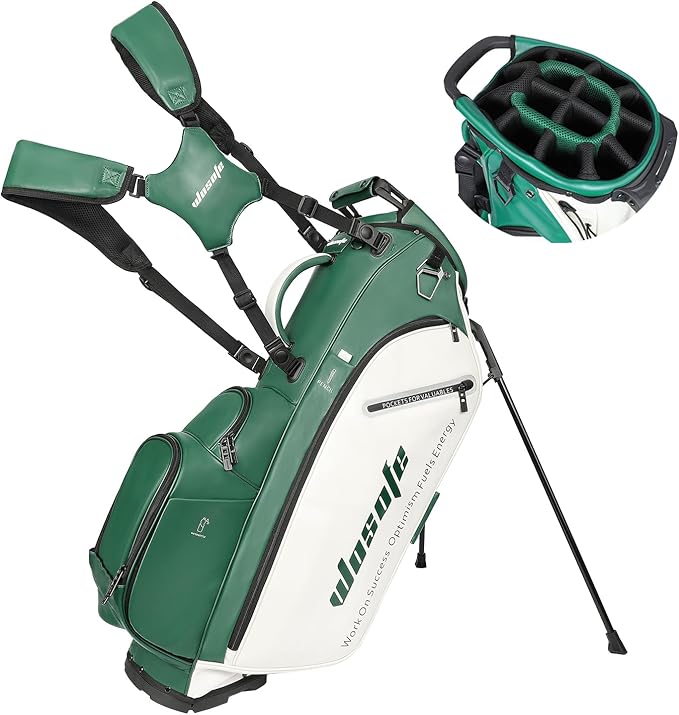 Lightweight 14-Way Golf Stand Bag, PU Leather Golf Bag Waterproof Men Women Full Length Top Dividers, Multiple 8 Pockets Cooler Pouch Adjustable Detachable Shoulder Dual Straps Rain Cover Hood