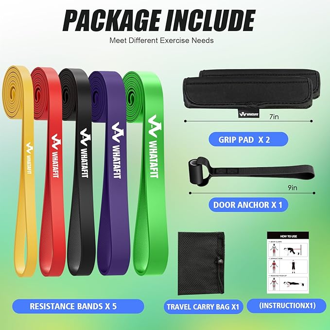 WHATAFIT Resistance Bands,Pull Up Assist Bands Set with Handles, Exercise & Workout Bands with Door Anchor for Men & Women – Home Fitness Equipment for Strength Training, Stretching