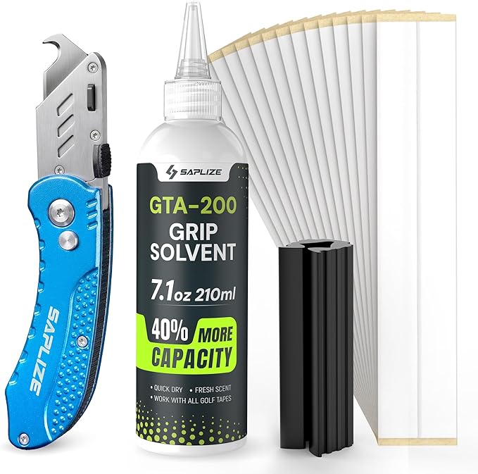 SAPLIZE Pro Golf Grip Repair Kit – Includes 5oz GTA-200 Golf Grip Solvent, 15 Golf Grip Tape,Retractable Hook Blade and Rubber Vise Clamp for Regripping Golf Club Grips