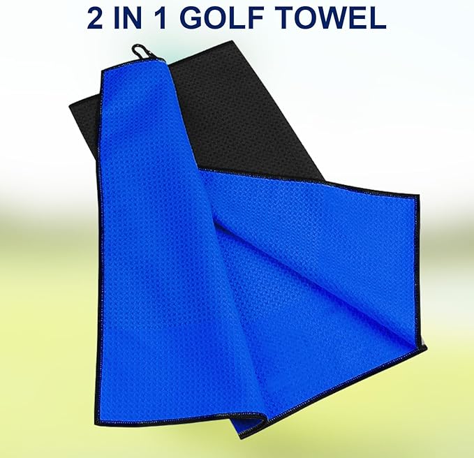 ToVii 2 in 1 Golf Towel, Wet and Dry Tri-fold Microfiber Towel for Cleaning Club and Ball with Clip and Waterproof Inner Barrier