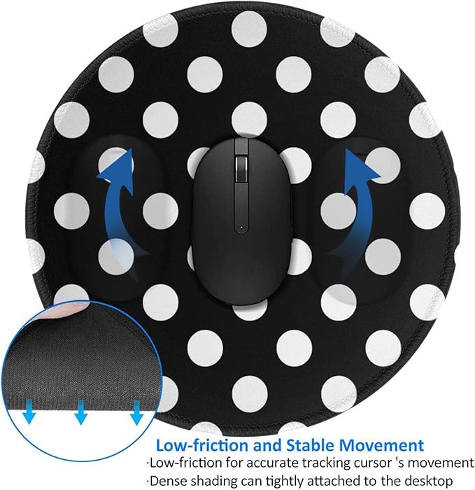 Polka Dot Mouse Pad, Black White Mouse Pads for Desk, Stitched Edge Mousepad with Non-Slip Rubber Base, Gaming Mouse Mat for Computer Laptop Home Office