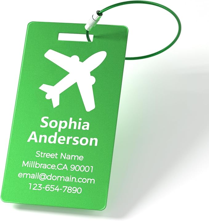Personalized Metal Luggage Tags, Custom Suitcase Aluminum Name Tags with 5.9in Steel Ring, Laser Engraved Text and Logo, for Travel Gift, Baggage, Golf Bag (Green)