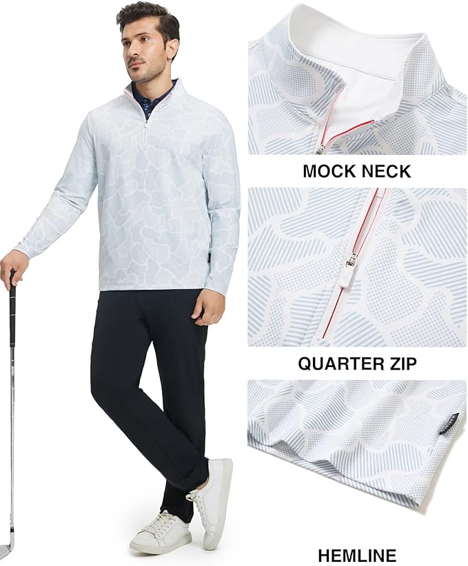 M MAELREG Quarter Zip Golf Pullover Men Dry Fit Long Sleeve Performance Wicking 1/4 Zip Full Print Pullover Mens Sweatshirt