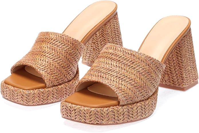 Monrovia Womens Sandals Heels for Women Slide On Block Chunky Platform High Heels Open Toe Raffia Wedge Sandals