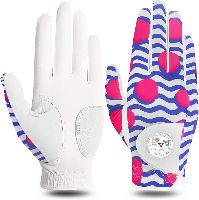 FINGER TEN Stylish Golf Gloves Women with Ball Marker 1 Pack for Left or Right Hand, Breathable Glove with Fashion Patterns for Ladies Right Left Handed Golfer