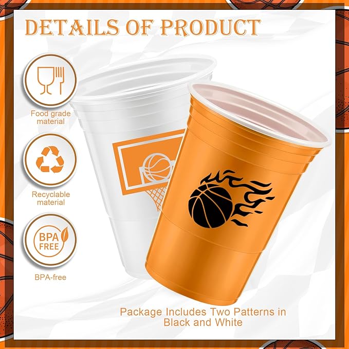 Norme 48 Pcs Basketball Party Supplies - 16 oz Thick Plastic Disposable Cup for Hot/Cold Drinks, Wine, Coffee - Themed Holiday Party Supplies & Favors
