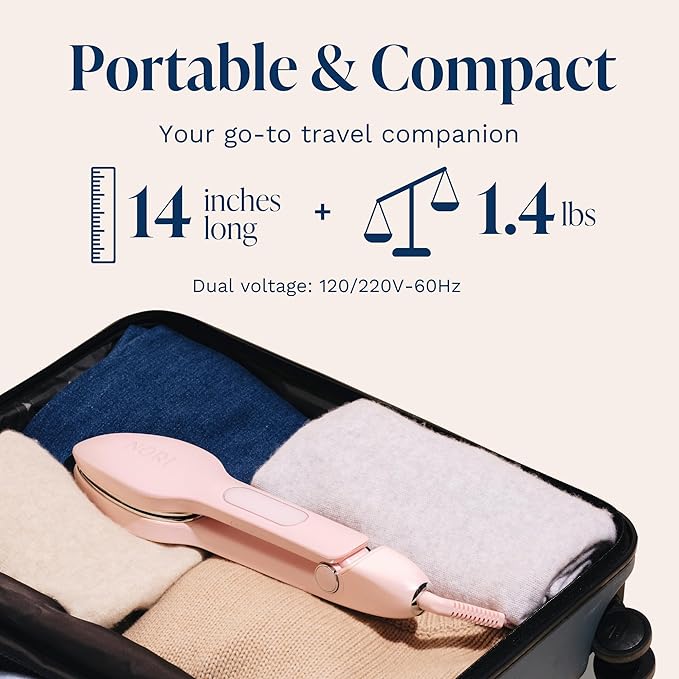 Nori Press Travel Steam Iron - Handheld Iron With Optional Steam Feature - No Ironing Board Required - Easy to Use w/ 6 Fabric Settings - Removes Wrinkles - User Manual Included -Pink