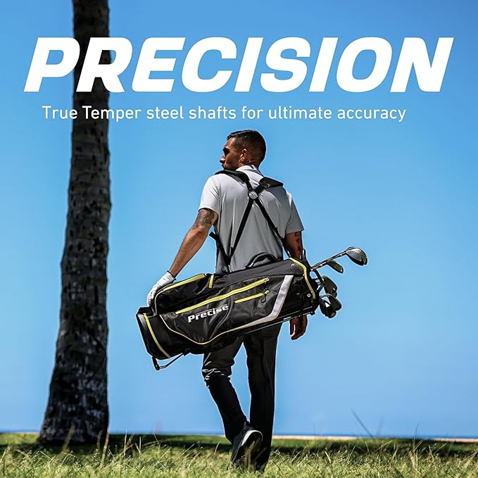 Precise M8 Men’s 17-Piece Golf Set – Driver, Woods, Hybrids, Irons (6-SW), Putter, Stand Bag, 4 Headcovers and Rainhood – K-G Lite Kevlar Shafts