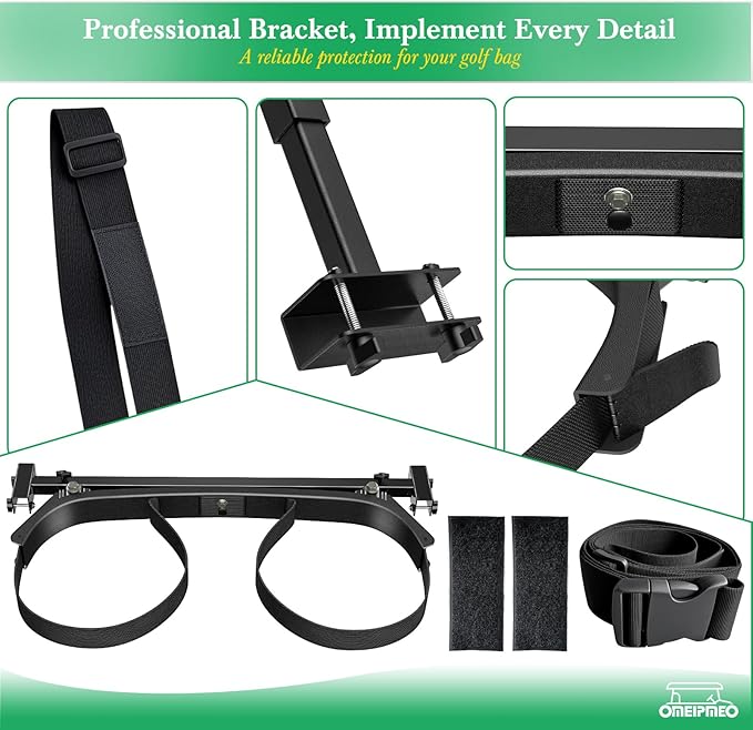 Upgrade Golf Cart Bag Holder Bracket, Adjustable Golf Cart Bag Bracket for 2+2 Rear Seat with 1 Inch Square Tube, No Drilling Golf Bag Holder Attachment for Club Car EZGO Yamaha, Include Nylon Strap