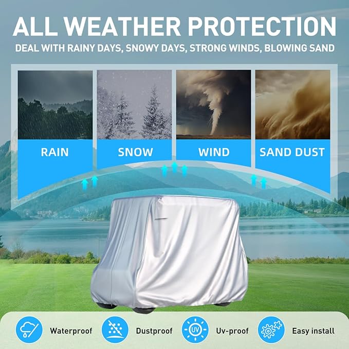 2/4 Passenger Golf Cart Cover for Yamaha EZGO Club Car, 420T Waterproof Polyester with Silver Coating,Waterproof,Dustproof,Windproof,Sunproof，All-Weather Protection (95-48-73-sliver)