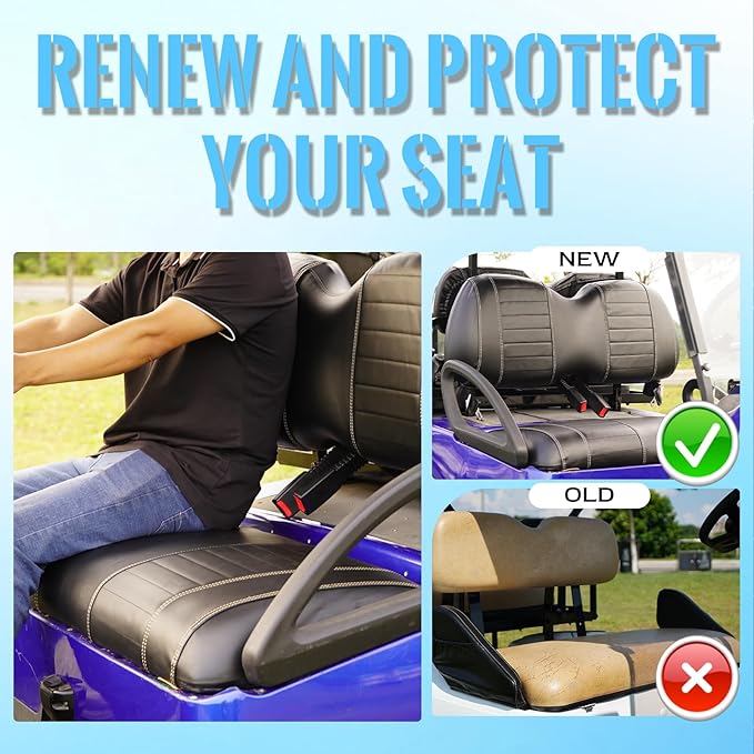 Golf Cart Seat Covers fits Club Car Precedent/DS/EZGO RXV/TXT/Yamaha Front Rear Seat Cushion，Black Leather Custom Stripe Soft Comfortable/Anti-Scratch/Easy to Clean