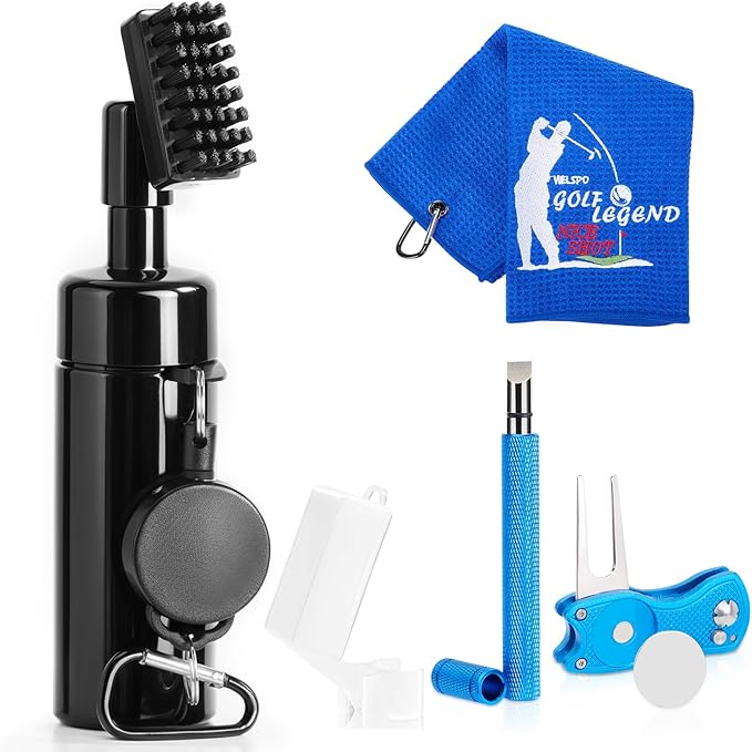welspo Golf Club Cleaner with Water-Retractable Clip Holds 5oz of Water, Golf Towel, Essentials Golf Accessories Kit with Golf Groove Sharpener Tool, Divot Repair Tool with Ball Marker for Men/Women