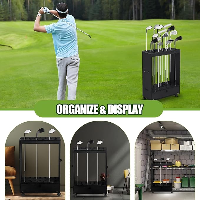 27 Hole Golf Club Stand Holder Wooden Golf Club Organizer Putter Display Rack with Storage Drawer and Wheel for Indoor Home Office Simulator Garage